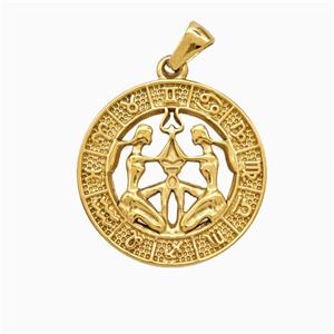 Stainless Steel Symbols Pendant Zodiac Gemini Circle Gold Plated, approx 25mm