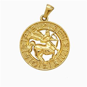 Stainless Steel Symbols Pendant Zodiac Sagittarius Circle Gold Plated, approx 25mm