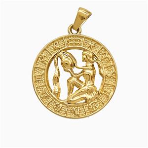 Stainless Steel Symbols Pendant Zodiac Aquarius Circle Gold Plated, approx 25mm