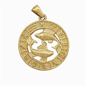 Stainless Steel Symbols Pendant Zodiac Pisces Circle Gold Plated, approx 25mm