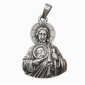 Raw Vintage 304 Stainless Steel Saint Jude Pendant Antique Silver, approx 31-40mm