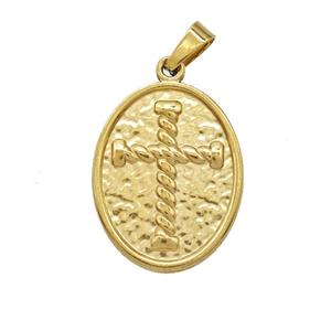 Stainless Steel Cross Pendant Oval Gold Plated, approx 18-23mm