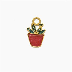 Stainless Steel Plant Pendant Red Green Enamel Flower Gold Plated, approx 7-9mm