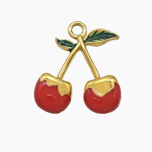 Stainless Steel Cherry Pendant Red Enamel Gold Plated, approx 17mm