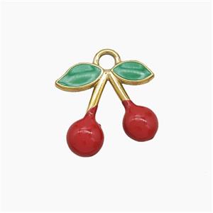 Stainless Steel Cherry Pendant Green Red Enamel Gold Plated, approx 14mm