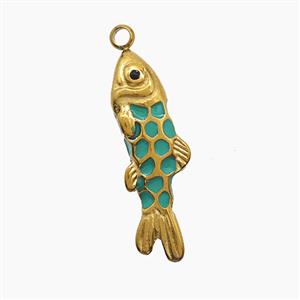 Stainless Steel Fish Pendant Green Enamel Gold Plated, approx 6-25mm