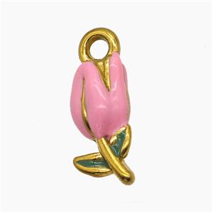 Stainless Steel Tulip Pendant Pink Enamel Flower Gold Plated, approx 7-20mm