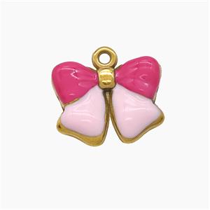 Stainless Steel Bowknot Pendant Pink Enamel Gold Plated, approx 12-16mm