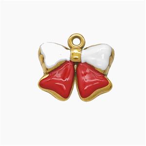Stainless Steel Bowknot Pendant White Red Enamel Gold Plated, approx 12-16mm
