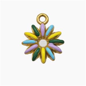 Stainless Steel Flower Pendant Multicolor Enamel Gold Plated, approx 15mm