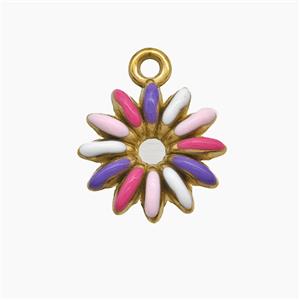 Stainless Steel Flower Pendant Multicolor Enamel Gold Plated, approx 15mm
