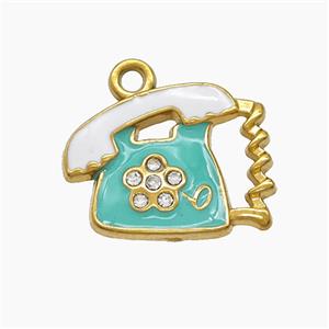 Stainless Steel Telphone Charms Pendant Pave Rhinestone White Green Enamel Gold Plated, approx 14-18mm