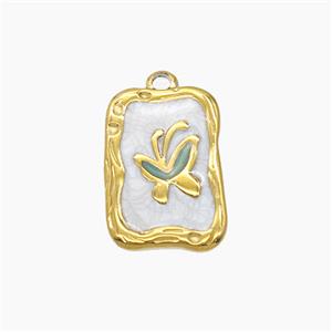 Stainless Steel Butterfly Pendant White Enamel Rectangle Gold Plated, approx 11-16mm