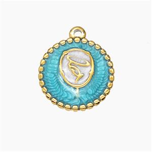 Stainless Steel Pendant Green Enamel Circle Gold Plated, approx 16mm