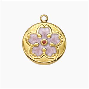 Stainless Steel Flower Pendant Pink Enamel Gold Plated, approx 15.5mm