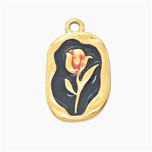 Stainless Steel Flower Pendant Black Enamel Gold Plated, approx 12-17mm