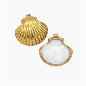 Stainless Steel Scallop Shell Pendant White Enamel Gold Plated, approx 14-15mm