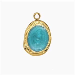 Stainless Steel Oval Pendant Green Enamel Gold Plated, approx 11-14.5mm