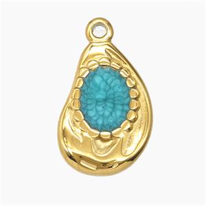 Stainless Steel Teardeop Pendant Green Enamel Gold Plated, approx 13-20mm