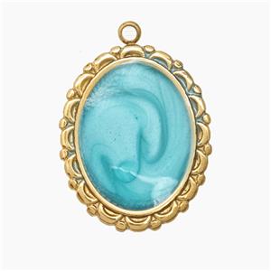Stainless Steel Oval Pendant Green Enamel Gold Plated, approx 18-23mm