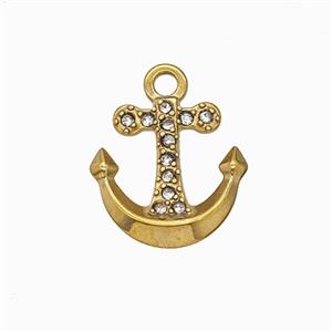 Stainless Steel Anchor Pendant Pave Rhinestone Gold Plated, approx 15mm
