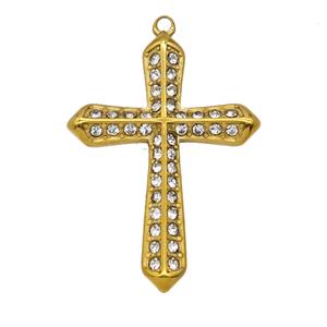 Stainless Steel Cross Pendant Pave Rhinestone Gold Plated, approx 25-35mm