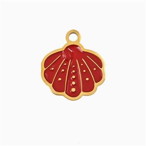 Stainless Steel Scallop Shell Pendant Red Enamel Gold Plated, approx 13-14mm