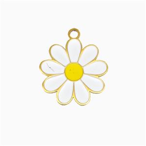 Stainless Steel Daisy Flower Pendant White Enamel Gold Plated, approx 15mm