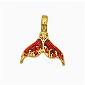 Stainless Steel Mermaid-Tail Pendant Pave Rhinestone Red Painted Gold Plated, approx 16-18mm