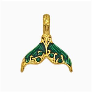 Stainless Steel Mermaid-Tail Pendant Pave Rhinestone Green Painted Gold Plated, approx 16-18mm