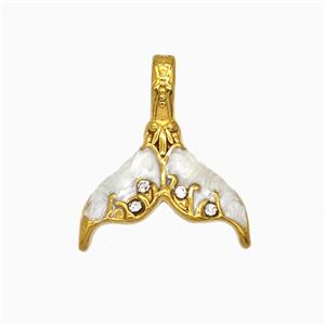 Stainless Steel Mermaid-Tail Pendant Pave Rhinestone White Painted Gold Plated, approx 16-18mm