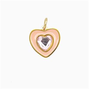 Stainless Steel Heart Pendant Pave Rhinestone Pink Enamel Gold Plated, approx 12mm