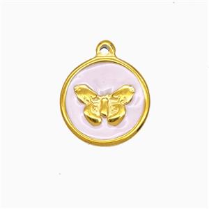 Stainless Steel Butterfly Pendant Pink Enamel Gold plated, approx 15mm