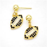 American Football Copper Stud Earrings Pave Zirconia Sports Gold Plated, approx 9-15mm, 5mm