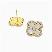 Copper Clover Stud Earrings Pave Zirconia Shell 18K Gold Plated, approx 15mm