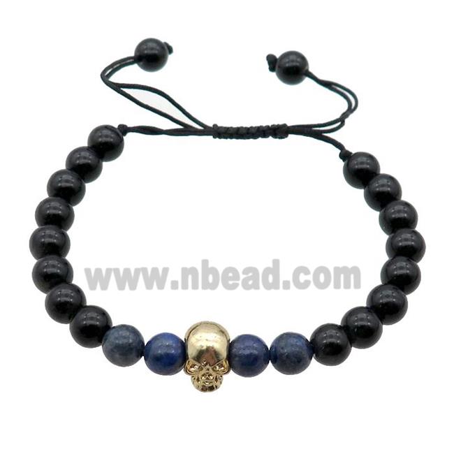 black Onyx Agate Bracelet with skull charm, adjustable