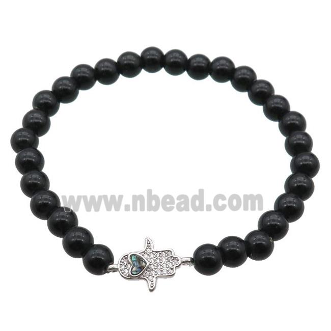 black agate bracelet with hamsahand, stretchy