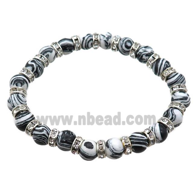 Synthetic Malachite Bracelet with rhinestone beads, stretchy