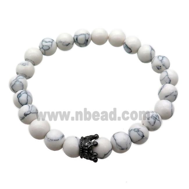 white Howlite Turquoise Bracelet with crown, stretchy