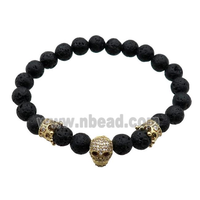 black Lava Stone Bracelet with skull, stretchy