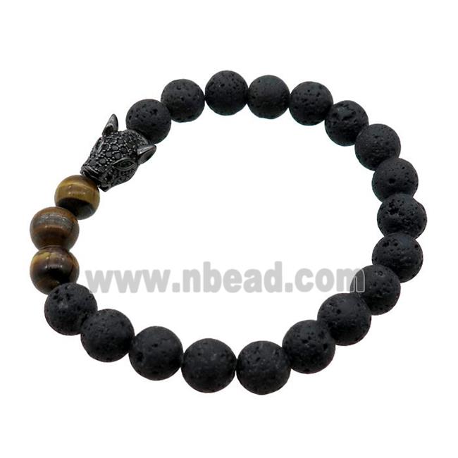 black Lava stone Bracelet with leopard, stretchy