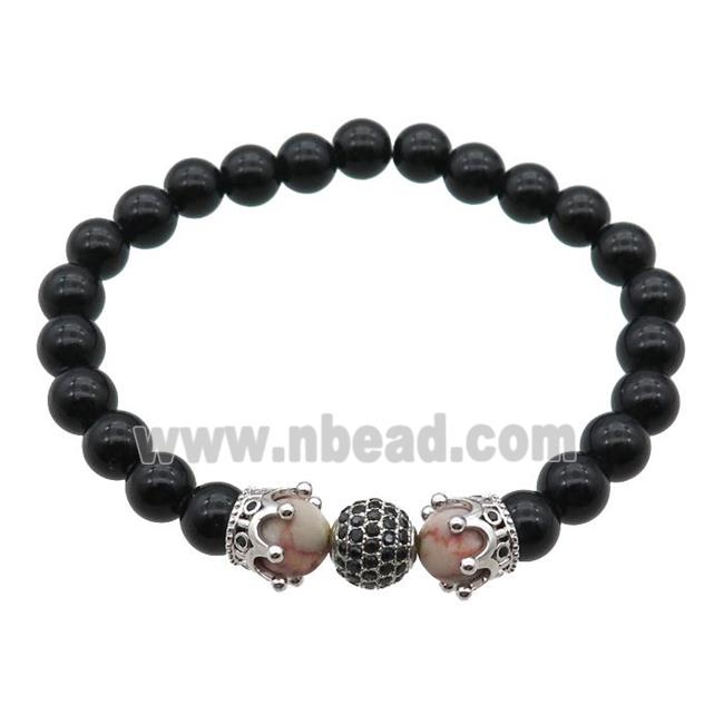black Onyx Agate Bracelet with crown, stretchy