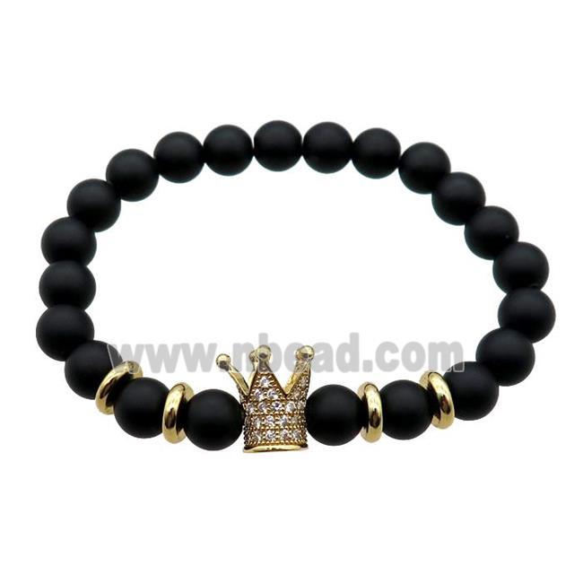 black matte Onyx Agate Bracelet with crown, stretchy