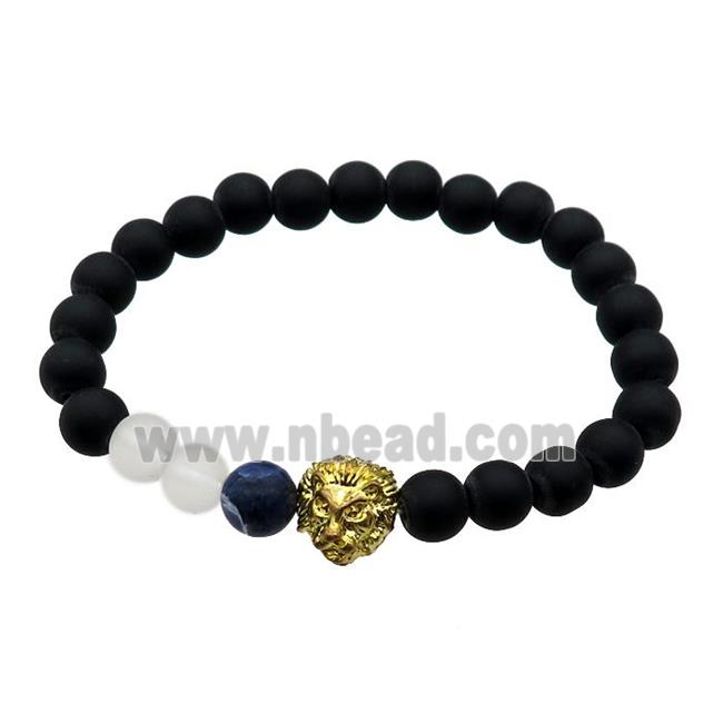 black matte Onyx Agate Bracelet with lion, stretchy