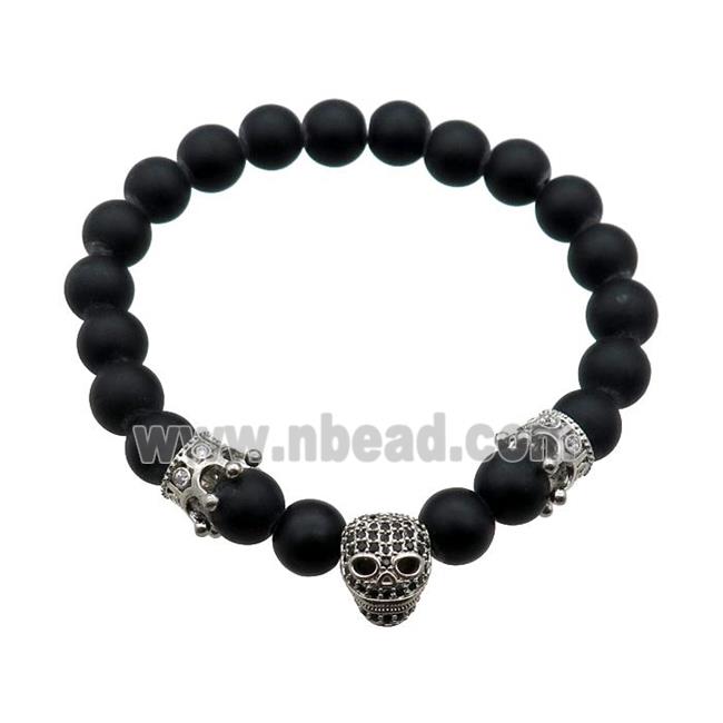 black matte Onyx Agate Bracelet with skull, stretchy