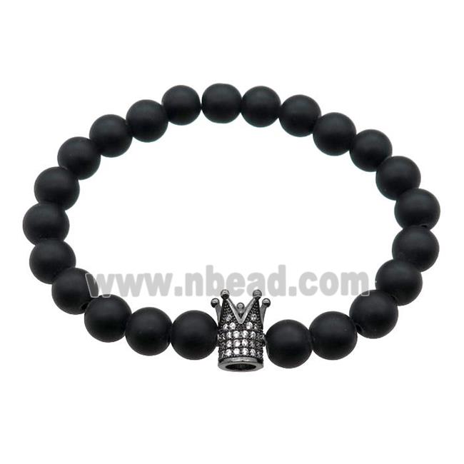 black matte Onyx Agate Bracelet with crown, stretchy