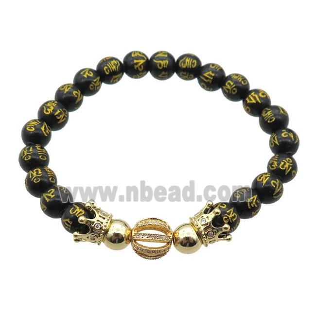 black Onyx Agate Bracelet with sutra, crown, stretchy