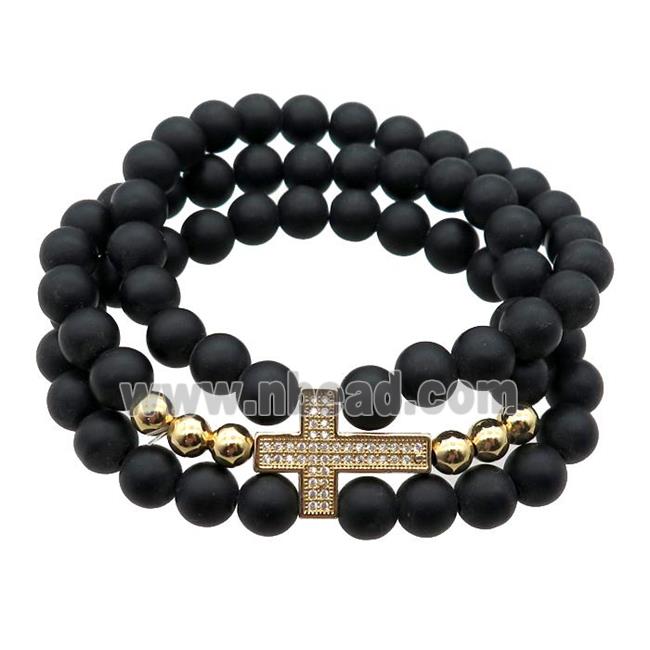 black matte Onyx Agate Bracelet with cross, stretchy