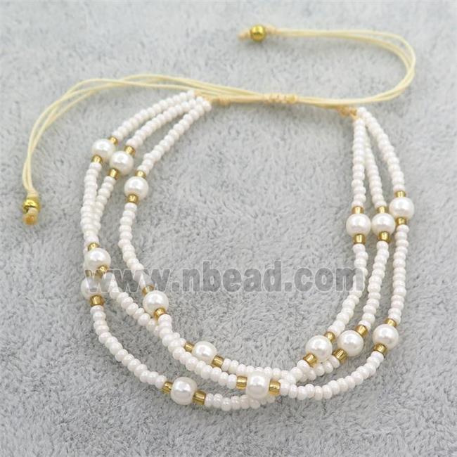 white Pearlized Glass seed beaded bracelet, adjustable
