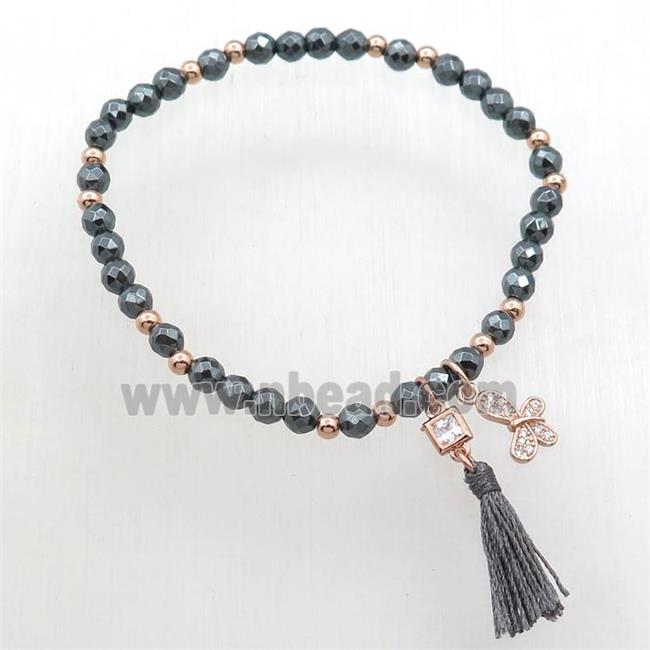 black Hematite Bracelet with tassel, stretchy